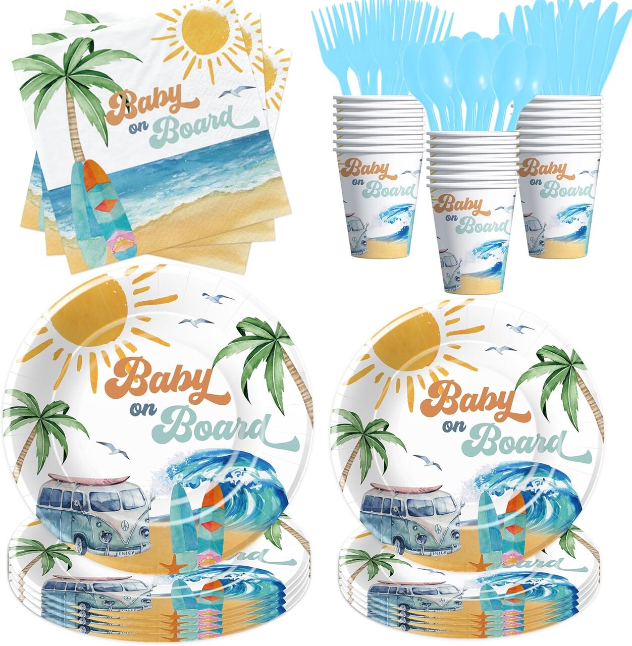 Surf Baby Shower Decorations Tableware, Baby On Board Baby Shower Decorations, Paper Plate, Cup, Napkin, Disposable Cutlery, Summer Wave Beach Surfing Party Supplies For Baby Shower